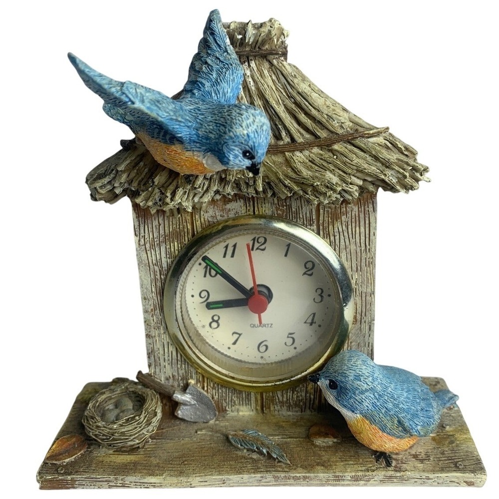 Vintage Bluebird Birdhouse Desk Clock Rustic Resin Nature Decor Quartz Analog